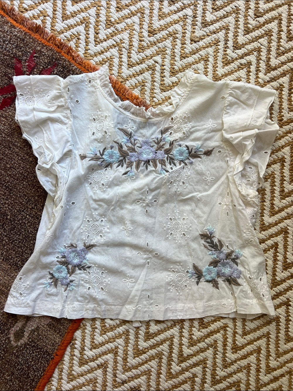 Free People White Eyelet Blouse with Pastel Blue Floral Embroidery